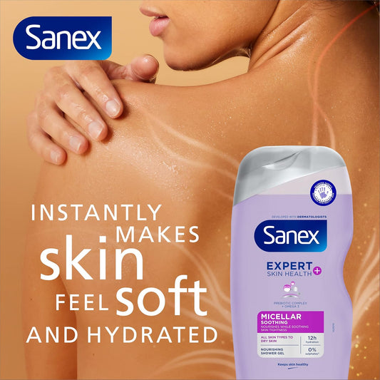 Sanex Expert Skin Health+ Micellar Soothing Shower Gel 515Ml, For Dry Skin, Body Wash For Men & Women, Nourishes Skin, Soothes Skin Tightness, 12 Hour Hydration, Prebiotic & Postbiotic Complex