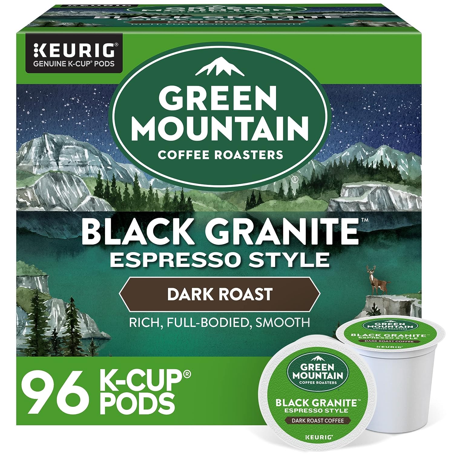 Green Mountain Coffee Roasters Black Granite, Keurig Single Serve K-Cup Pods, Espresso Style Dark Roast, 96 Count (4 Packs of 24)