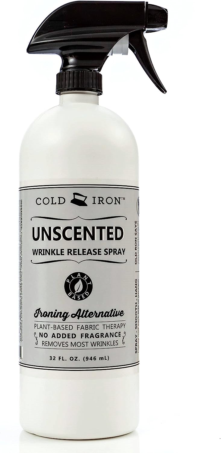 Cold Iron Wrinkle Release Spray for Clothes. 32 fl oz. Unscented/Fragrance Free. Plant Based Ironing Alternative. Fast, Easy to Use. Spray, Smooth, Hang. Award Winning Formula to Save You Time