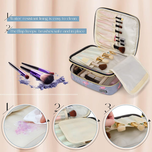 Teamoy Travel Makeup Brush Case, Portable Makeup Brush Organizer Professional Cosmetic Pouch Bag With Handle For Womens Makeup Essentials, Flamingo