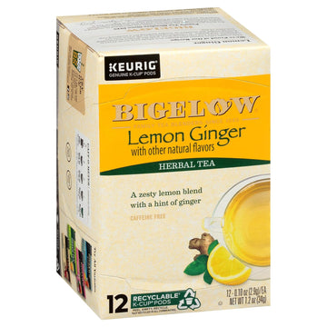 Bigelow Tea Lemon Ginger Herbal Tea Keurig K-Cup Pods, Caffeine Free Tea Keurig Tea Pods, 12 Count Box (Pack Of 6), 72 Total K-Cup Pods