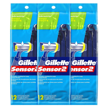 Gillette Sensor2 Pivoting Head + Lubrastrip Men'S Disposable Razors, 12 Count (Pack Of 3, Total 36 Razors)