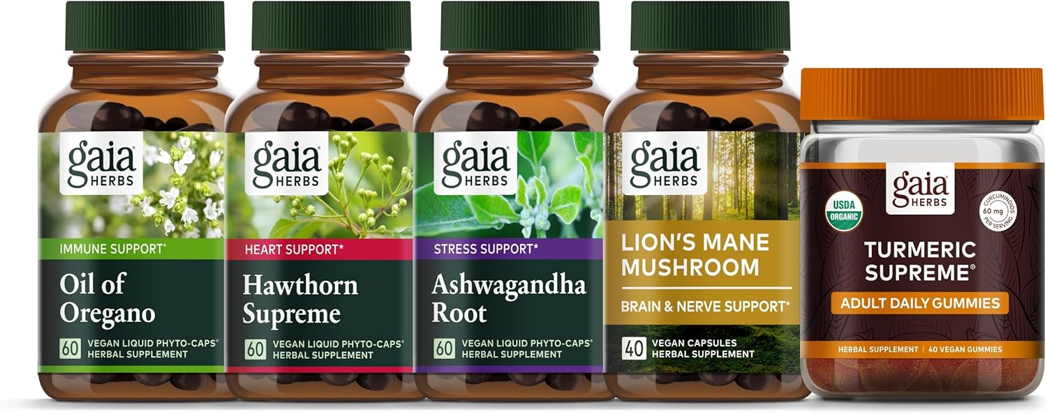 Gaia Herbs Being Well Kit - Oil of Oregano, Turmeric Supreme Adult Daily Gummies, Hawthorn Supreme, Lion's Mane Mushroom, Ashwagandha Root : Health & Household