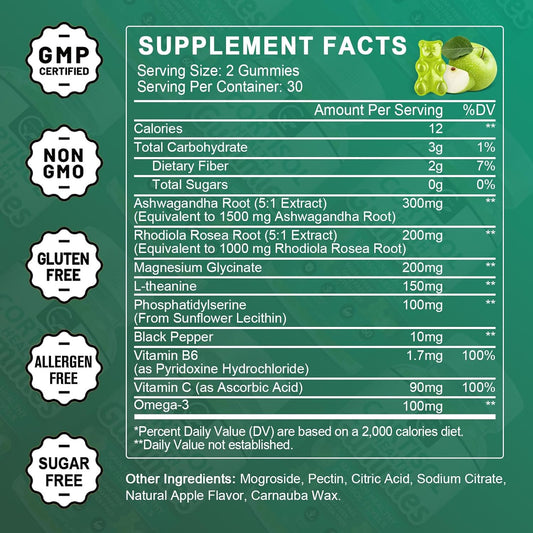 Sugar-Free Cortisol Gummies, 9-In-1 Cortisol Supplement For Women With Magnesium, Ashwagandha, Rhodiola, Phosphatidylserine, L-Theanine, Black Pepper, Vitamin C & B6 - Relaxation, Focus, Sleep Support