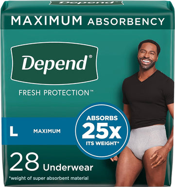 Depend Fresh Protection Adult Incontinence Underwear For Men (Formerly Depend Fit-Flex), Disposable, Maximum, Large, Grey, 28 Count, Packaging May Vary