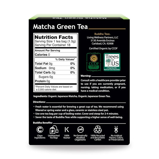 Buddha Teas - Organic Matcha Green Tea - For Health & Wellbeing - Organic Tea - With Antioxidants & Minerals - Clean Ingredients - Caffeinated - Ou Kosher & Organic - 18 Tea Bags (Pack Of 1)