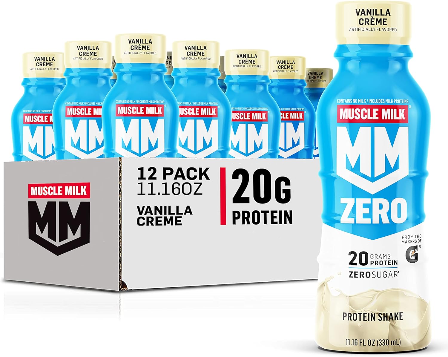 Muscle Milk Zero Protein Shake, Vanilla Crème, 20G Protein, Zero Sugar, 100 Calories, Calcium, Vitamins A, C & D, 4G Fiber, Energizing Snack, Workout Recovery, Packaging May Vary 11.16 Fl Oz (Pack Of 12)