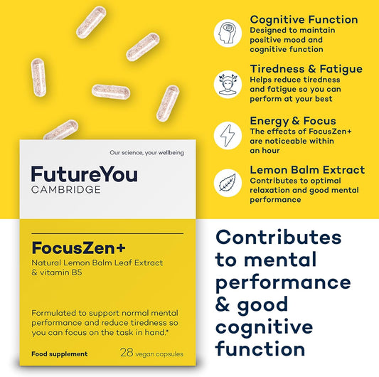 Focuszen+ Lemon Balm Capsules – 28 Focus Supplements With Vitamins For Tiredness And Fatigue – 300Mg Natural Energy Supplements – Say Goodbye To Brain Fog With Futureyou Cambridge