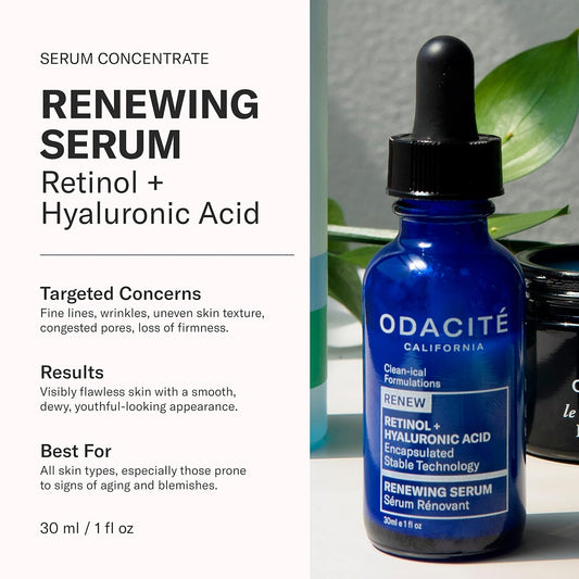 Odacite Renewing Retinol & Hyaluronic Acid Facial Serum - Anti-Aging Face Serum Targets Fine Lines, Blemishes & Wrinkles - Squalane, Vitamin E & Rose Floral Water For Smooth Skin - 1 Fl Oz