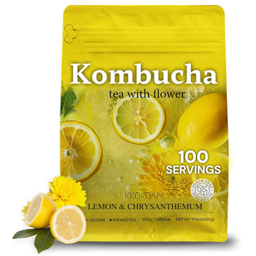 Kkokdam Kombucha Tea - Lemon & Chrysanthemum Korean Tea - Kombucha Drinks Probiotic Support, Low Calorie, Sugar Free Kombucha Pack - 500G Bulk Pouch