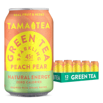 Sparkling Peach Pear Green Tea By Tama Tea - Made With Real Fruit & Herbs - Zero Sugar, Zero Calories, Non-Gmo - Naturally Energizing Green Tea High In Antioxidants & Nootropics - 12 Oz Pack Of 12