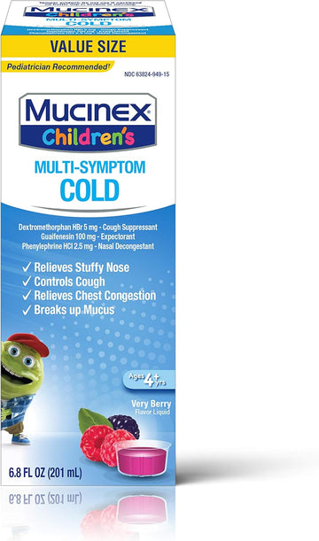 Mucinex Cough Suppresent Chest Congestion And Stuffy Nose Relief Children'S Multi-Symptom Cold Liquid, Very Berry, 6.8 Fl Oz (Pack Of 1)