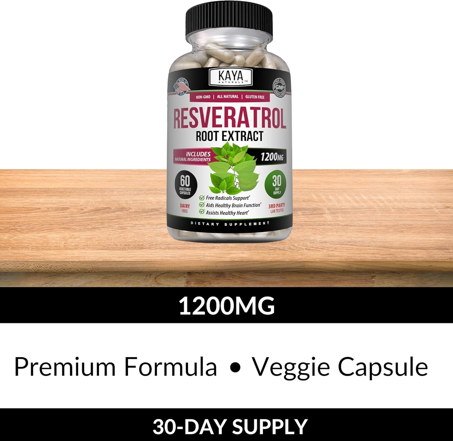 Kaya Naturals - Resveratrol Capsules - Anti Aging Supplement - Antioxidants with Brain Support - Maximum Benefits - 60 Veggies Capsules : Health & Household