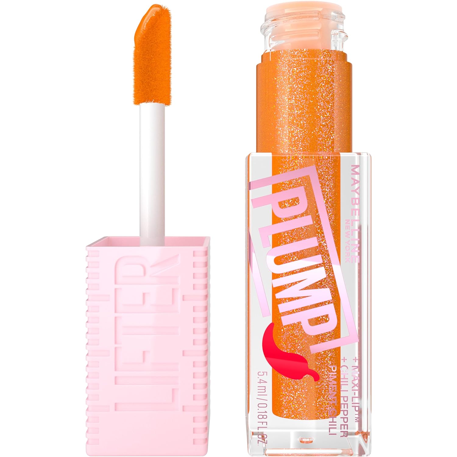 Maybelline Lifter Gloss Lifter Plump, Plumping Lip Gloss With Chili Pepper And 5% Maxi-Lip, Hot Honey, Clear With Pink And Gold, 1 Count