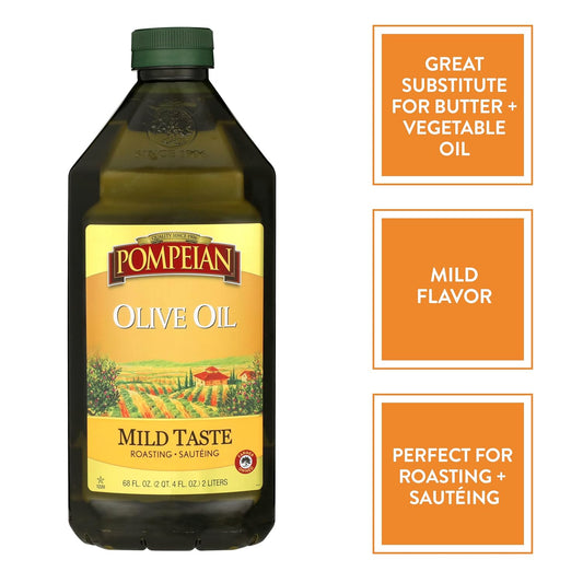 Pompeian Mild Taste Olive Oil, Perfect For Roasting & Sauteing, Naturally Gluten Free, Non-Allergenic, Non-Gmo, 68 Fl. Oz