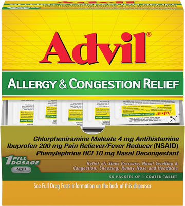 Advil Allergy and Congestion Relief Tablets, Pain Reliever, Fever Reducer and Allergy Relief with Ibuprofen, Phenylephrine HCl and Chlorpheniramine Maleate 4 mg - 50 Coated Tablets