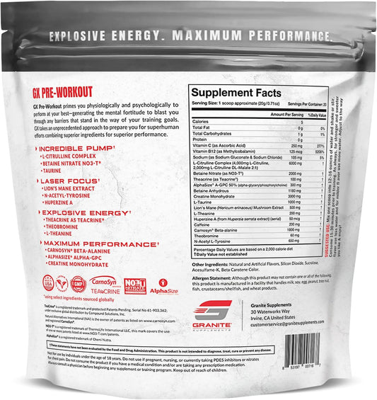 Granite Gx Pre Workout Supplement, Sour Power Flavor, Supports Focus, Energy, & Performance With Teacrine, L-Citrulline, Betaine, & A-Gpc (20 Servings)