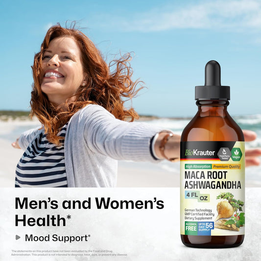 Bio Krauter Maca Root And Ashwagandha Tincture - Maca & Ashwagandha Supplements For Men & Women - Adaptogenic Liquid Supplement For Mood Support - Alcohol And Sugar Free Vegan Drops 4 Fl.Oz