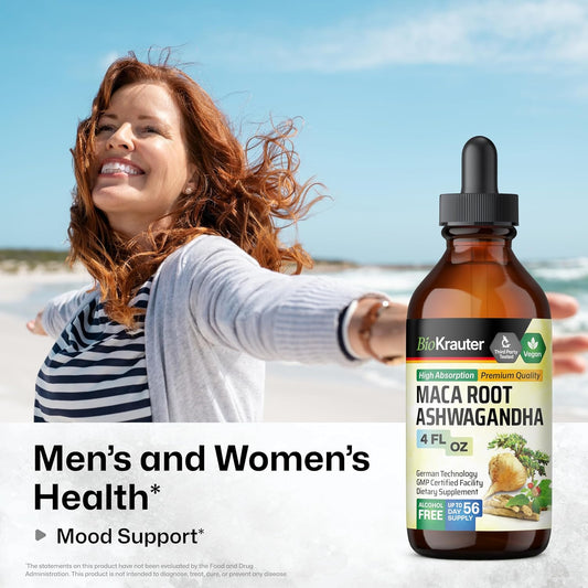 Bio Krauter Maca Root And Ashwagandha Tincture - Maca & Ashwagandha Supplements For Men & Women - Liquid Supplement For Mood Support - Alcohol And Sugar Free - Vegan Drops 2 Fl.Oz