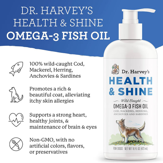 Dr. Harvey'S Health & Shine Omega 3 Fish Oil For Dogs From Wild Caught Cod, Mackerel, Herring, Anchovies And Sardines - Supports Beautiful Fur, Strong Joints And Itchy Allergy Relief (16 Fl Oz)