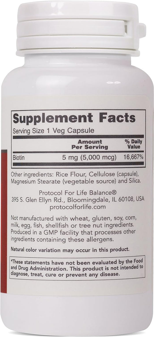 Protocol Biotin 5,000mcg - Vitamin B7 Supplement - Hair, Skin, Nails Support* - for Carb Metabolism & Cell Growth* - Biotin Vitamin B Capsules - 90 Veg Caps