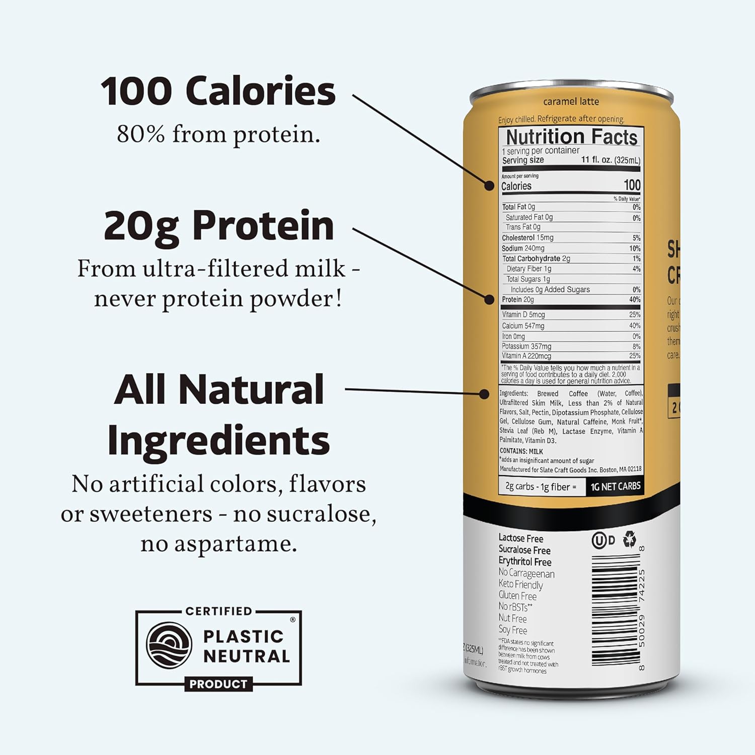 Slate Milk - High Protein Iced Coffee - Caramel Latte - 175Mg Caffeine, Lactose Free Energy - 20G Protein, 1G Sugar, 100 Calories, 1G Net Carbs, No Sugar Added - Protein Coffee - 11 Fl Oz, 12 Cans