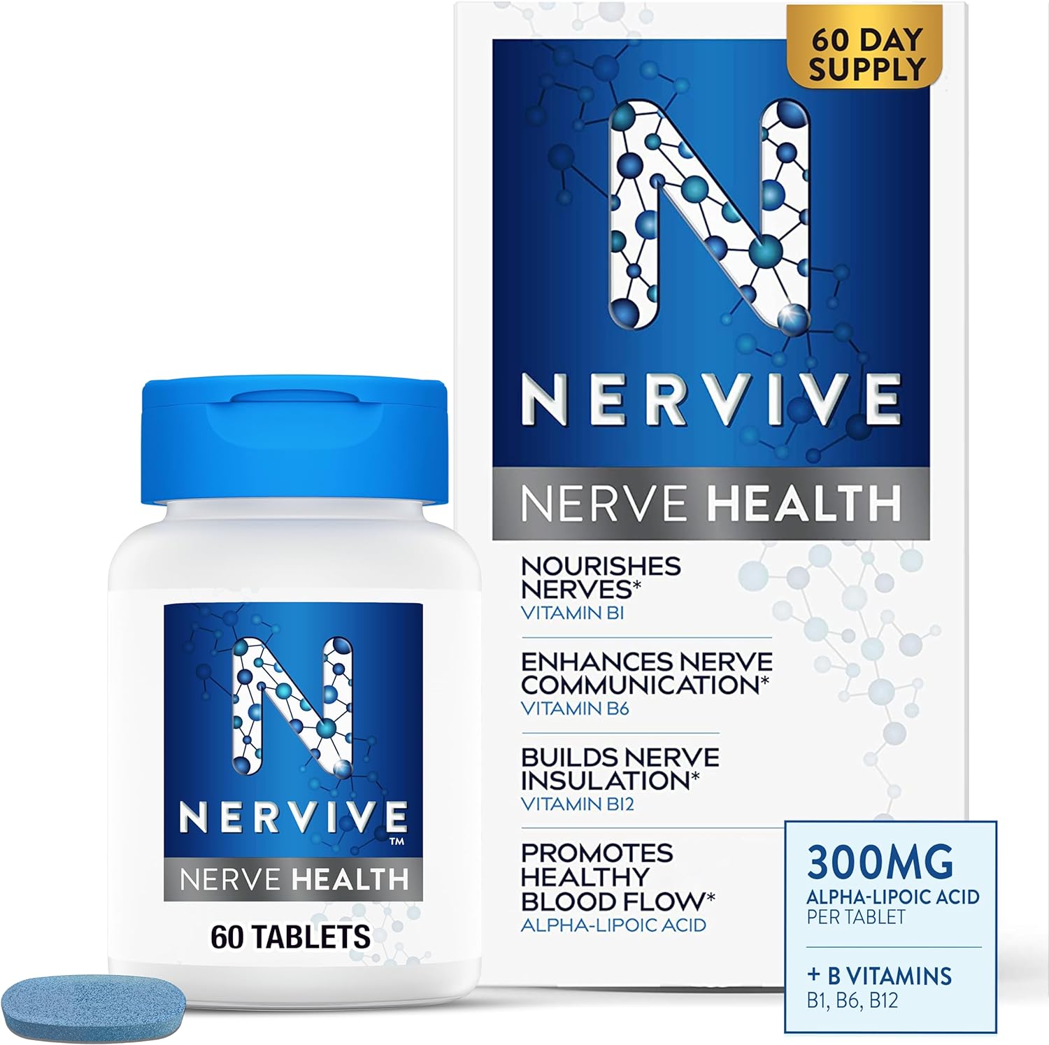 Nervive Nerve Health, with Alpha Lipoic Acid, to Fortify Nerve Health and Support Healthy Nerve Function in Fingers, Hands, Toes, & Feet*, ALA, Vitamins B12, B6, & B1, 60 Daily Tablets