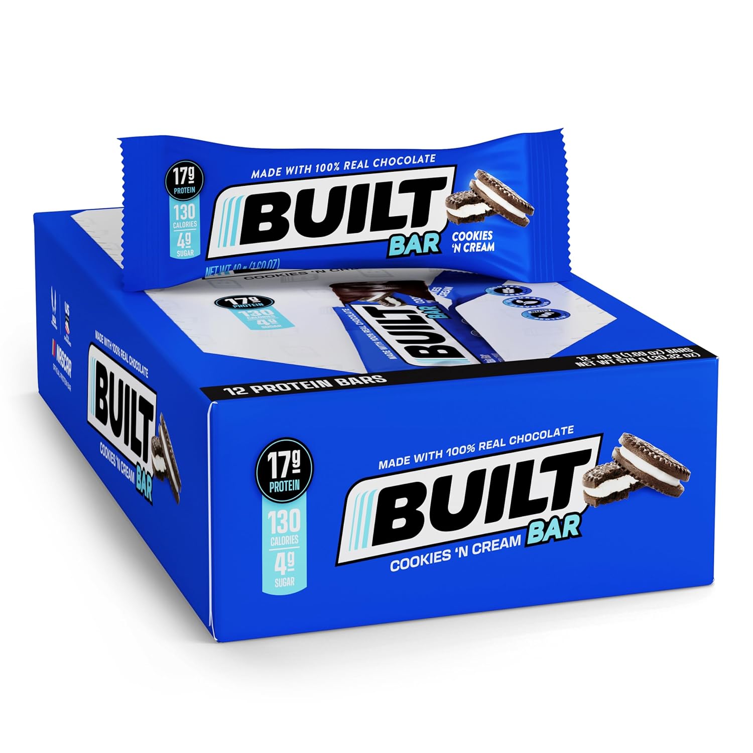 Built Protein Bars, Cookies 'N Cream, 12 Count, 1.73Oz Bars, Gluten Free Protein Snacks With 17G Of High Protein. Chocolate Protein Bar Only 130 Calories & 4G Sugar, Great On The Go Protein Snack