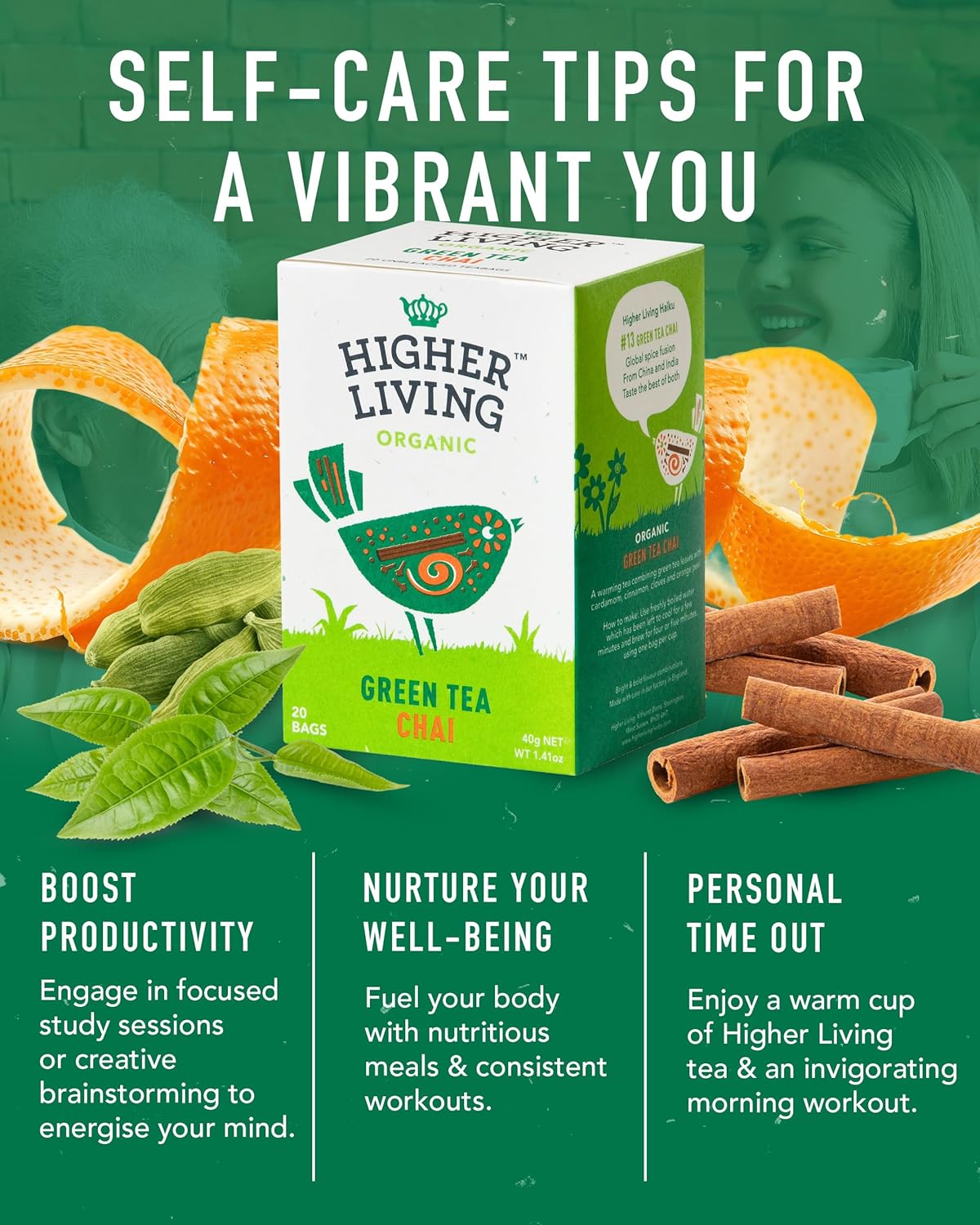 Higher Living Green Tea Chai - Energising, Caffeine Infused Organic Herbal Tea with Cinnamon, Cloves & Cardamom Spices - 4 Boxes, 20 Bags Each : Amazon.co.uk: Grocery
