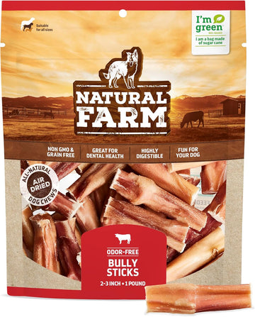 Natural Farm Odor Free Bully Sticks (2-3 Inch, 1 Pound) For Small & Medium Dogs - 100% Beef Chews For Pups, Non-Gmo, Grain-Free, Fully Digestible Long Lasting Dog Treats