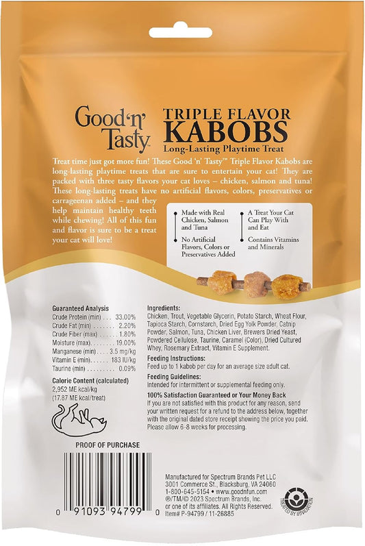 Good 'N' Tasty Triple Flavor Kabobs Cat Treat, 1.4 Ounce Bag, Long-Lasting Playtime Treat For Cats Made With Real Chicken, Salmon & Tuna