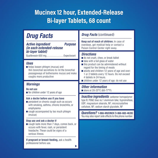 Mucinex Se 12 Hour Chest Congestion Expectorant, Tablets, 68 Count