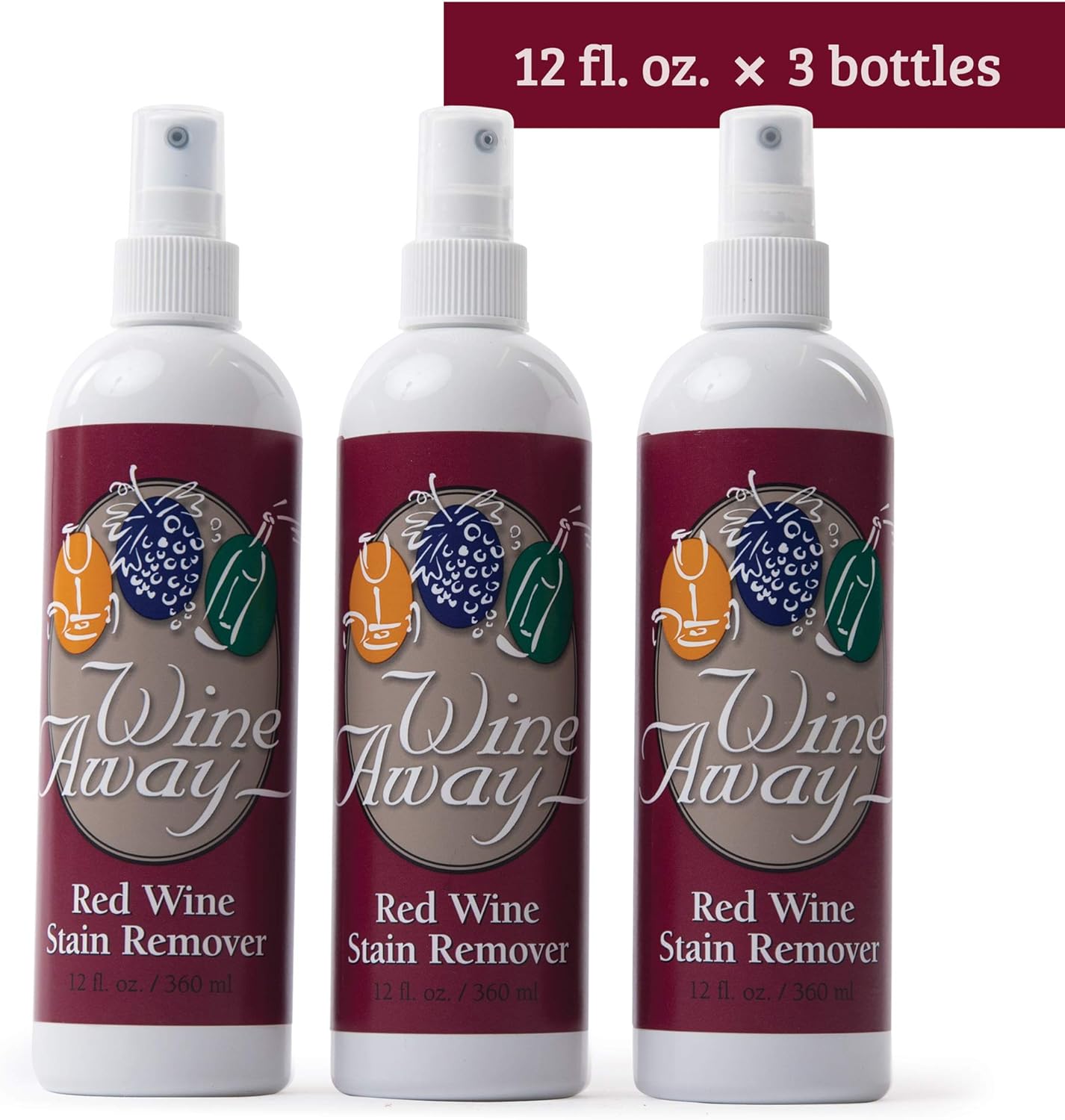 Wine Away Red Wine Stain Remover Spray - Natural Carpet and Upholstery Spot Cleaner - Effectively Removes Blood, Clothes, Coffee, & Pet Stains - Best on Both Fresh & Dried Stains - 12 Oz - Pack of 3 : Health & Household
