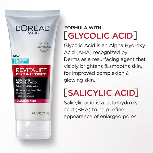 L'Oreal Paris Revitalift 3.5% Pure Glycolic Acid Brightening Cleansing Gel Wth Salicylic Acid 6.7 Fl Oz