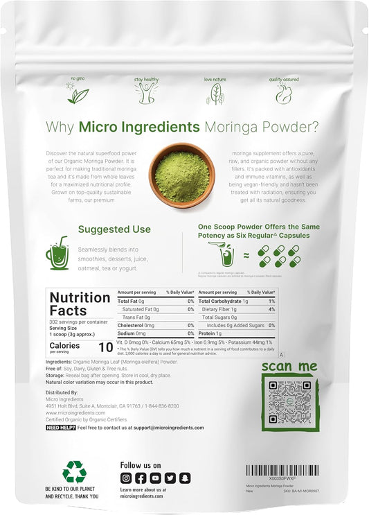 Organic Moringa Oleifera Leaf Powder For Hair, 2 Pounds, Rich In Antioxidants And Immune Vitamin, Great Superfoods For Moringa Tea, Moringa Drink, India Grown, Vegan