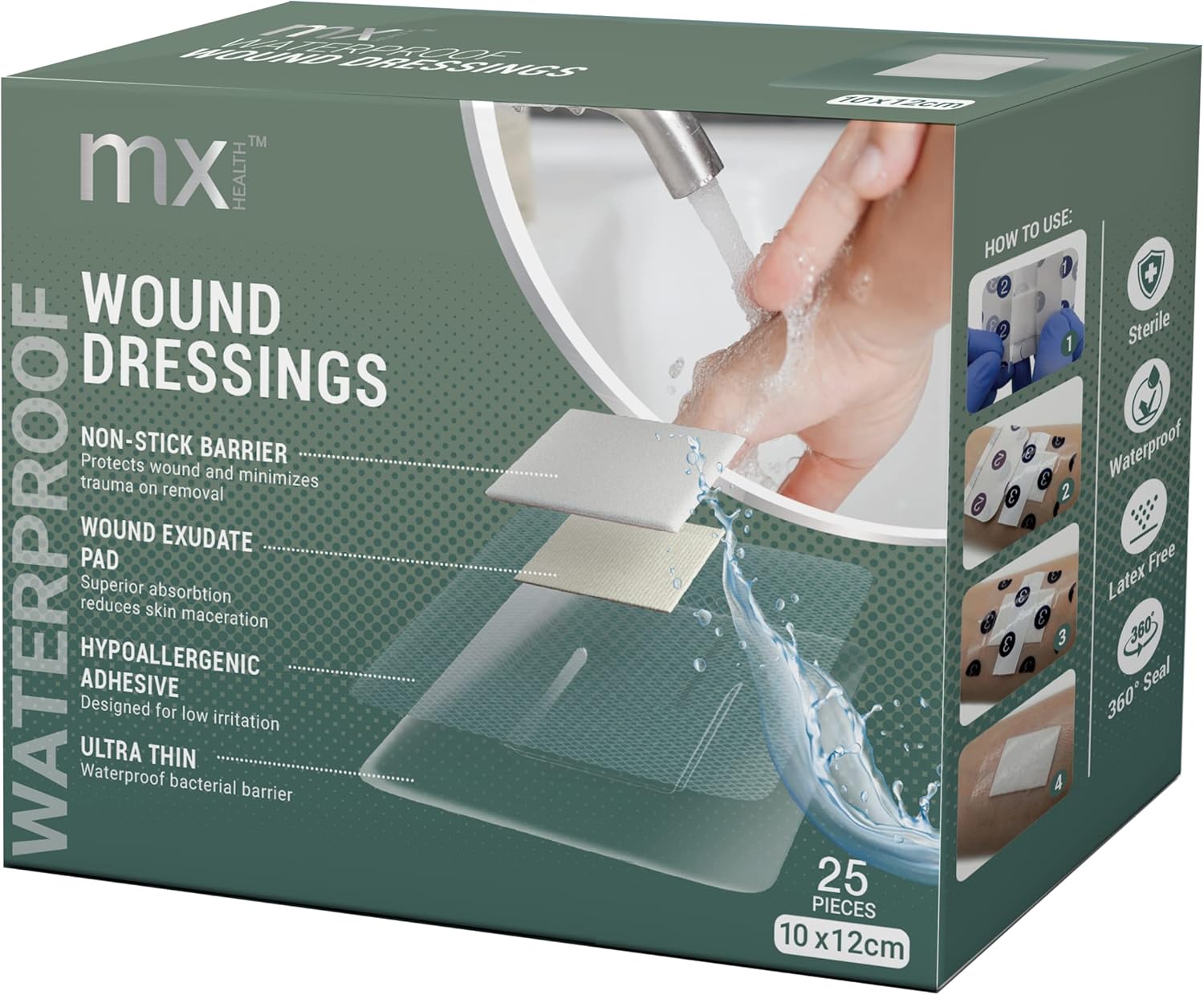 Mx Health Waterproof Wound Dressing Film+Pad - 10X12Cm (5X6Cm Wound Pad) - 25 Individually Wrapped Dressings Per Box