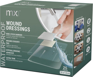 Mx Health Waterproof Wound Dressing Film+Pad - 10X12Cm (5X6Cm Wound Pad) - 25 Individually Wrapped Dressings Per Box