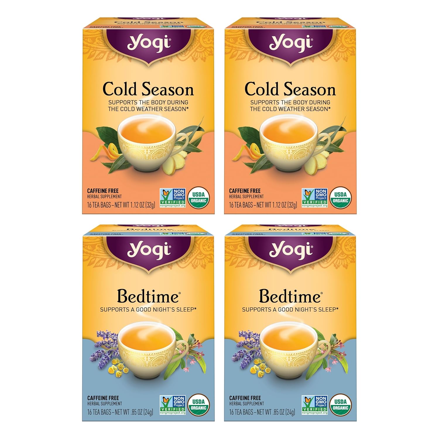 Yogi Tea Cold And Sleep Wellness Variety Pack 4Pk - 16 Tea Bags Per Pack (4 Pack) - Supports Cold, Sleep & Relaxation - Includes (2 Boxes Each) Of Bedtime And Cold Season - Organic Caffeine-Free Teas