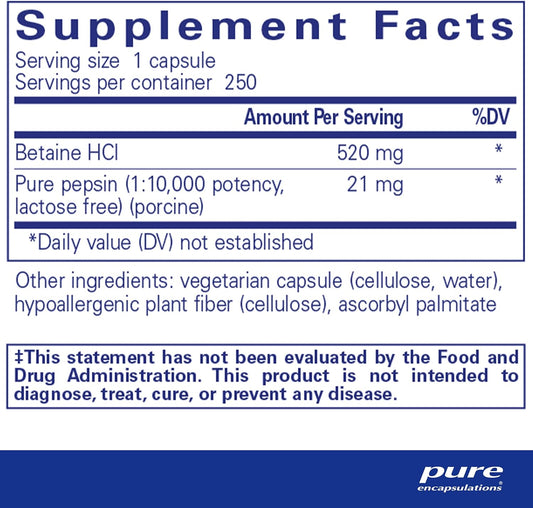 Pure Encapsulations Betaine Hcl Pepsin - Digestive Enzymes Supplement For Digestion Aid & Support, Stomach Acid & Nutrient Absorption* - With Betaine Hcl Pepsin - 250 Capsules