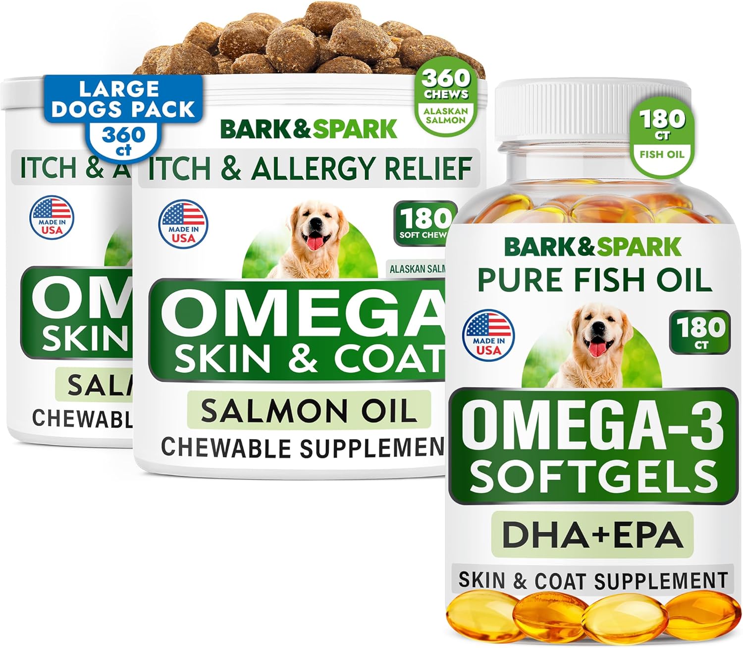 Bark&Spark Omega 3 For Dogs Bundle - Anti-Itch Skin + Skin Allergy - Omega 3 Fish Oil + Epa & Dha Fatty Acids - Itching & Paw Licking + Itch Relief - 180 Softgels + 360 Chews - Made In Usa