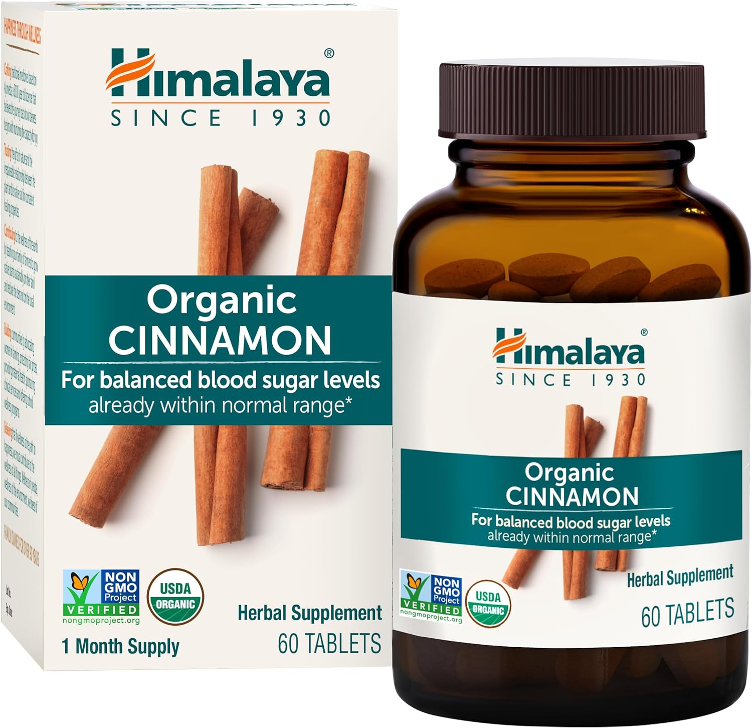 Himalaya Organic Cinnamon, For Glycemic Support, 1100 Mg Daily, 60 Tablets, From Cassia Cinnamon Bark And Ceylon Cinnamon Extract, Non-Gmo Project Verified, Vegan, Gluten Free Herbal Supplement