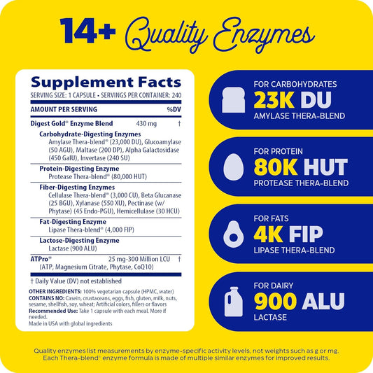 Enzymedica Digest Gold + Atpro, Maximum Strength Digestive Enzymes, Helps Digest Large Meals, For Gas And Bloating, 240 Capsules