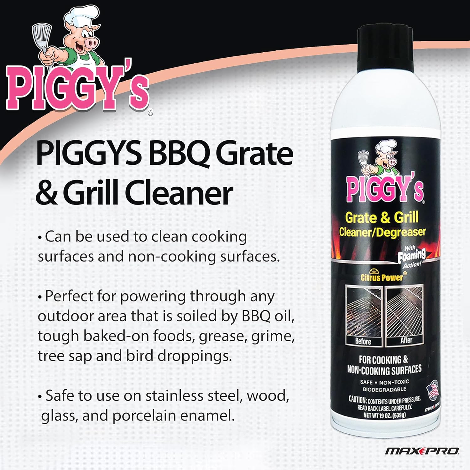 Max Professional Piggy's Heavy Duty Barbecue, Grill, Grate, Oven, and Stovetop Cleaner and Degreaser - 19 oz. : Health & Household