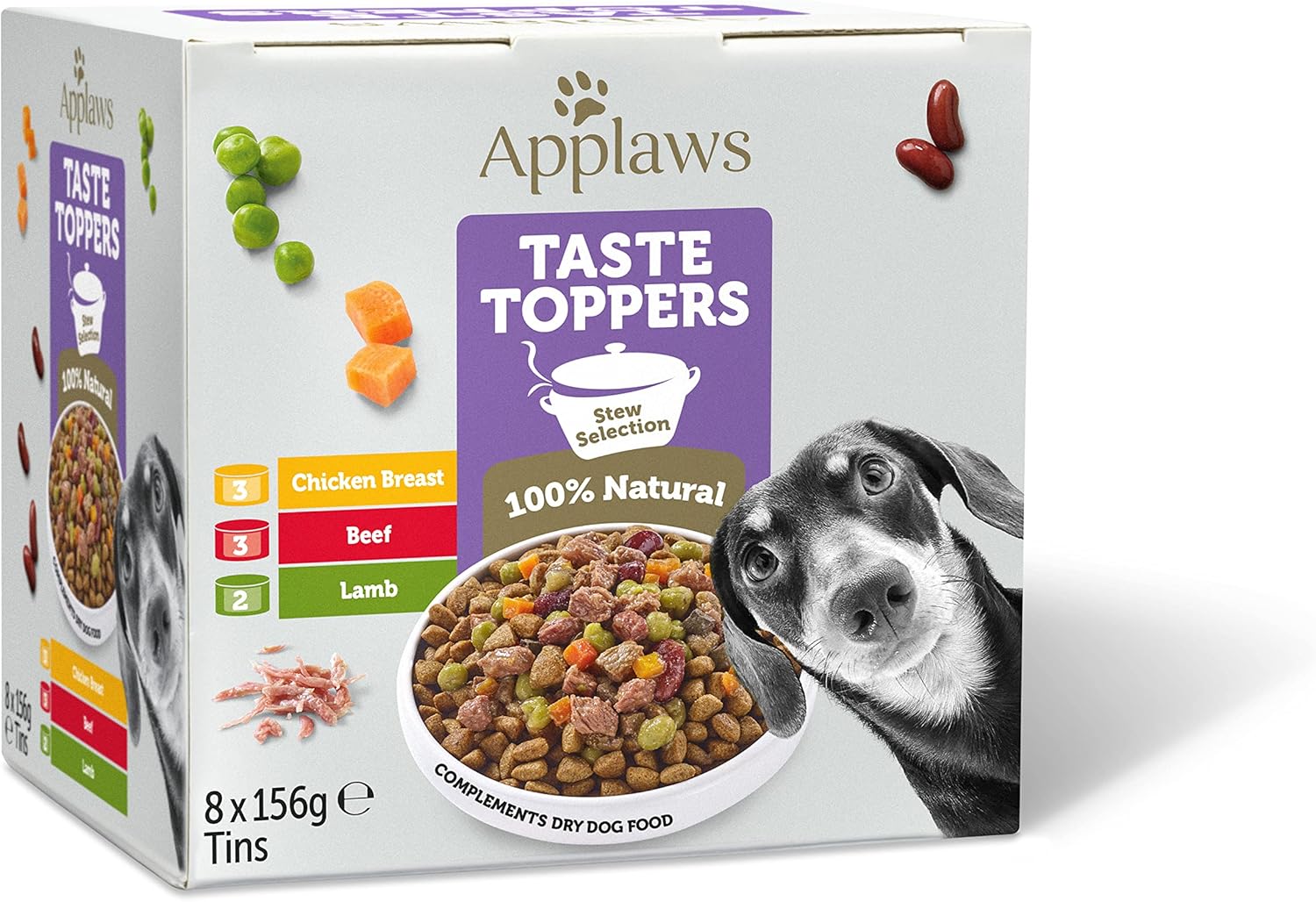 Applaws 100% Natural Wet Dog Food Tin, Grain Free Meat Selection with Vegetables in Stew Tin 8 x 156g Tins?TT3500CE-A
