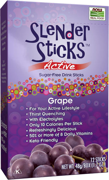 Now Foods, Slender Sticks, Grape Flavor, Sugar-Free Drink Sticks With Electrolytes For Your Active Lifestyle, 10 Calories/Stick, 12/Box