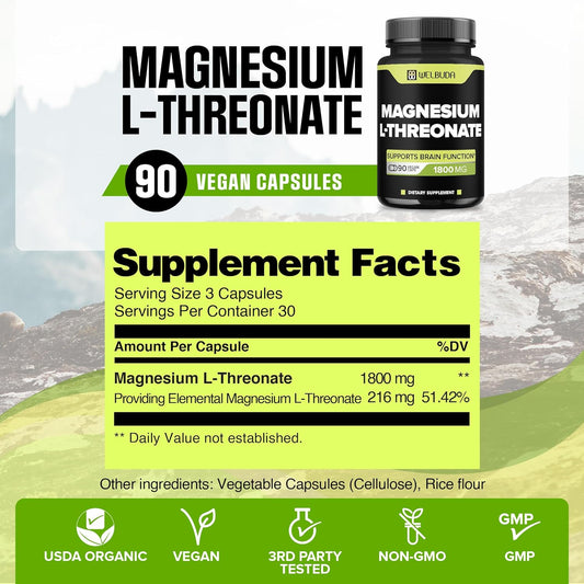 Magnesium L-Threonate Capsules with 12% Purified - 1800Mg - 90 Capsules - Providing 216mg Elemental Magnesium L-Threonate