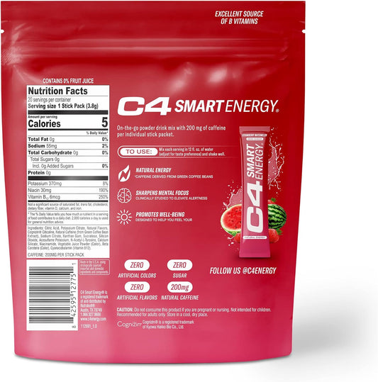 C4 Smart Energy Powder Stick Packs - Sugar Free Performance Fuel & Nootropic Brain Booster, Coffee Substitute or Alternative | Strawberry Watermelon - 20 Count