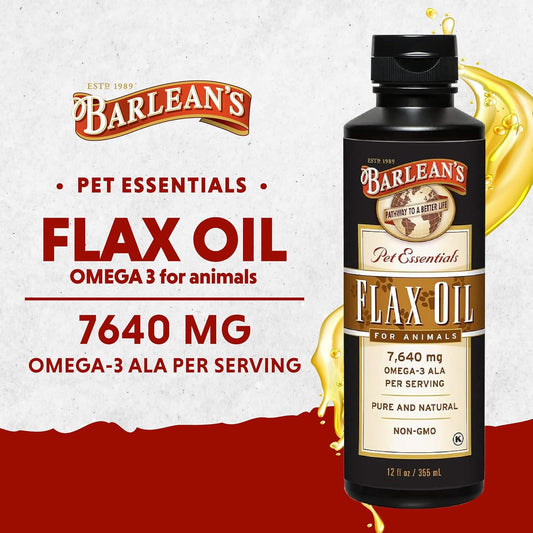 Barlean's Flaxseed Oil for Animals, Pet Essential Liquid Omega 3 Fatty Acids Cat and Dog Oil Supplements for Skin and Coat, Omega 3 for Dogs, Cats and Other Pets, 12 oz