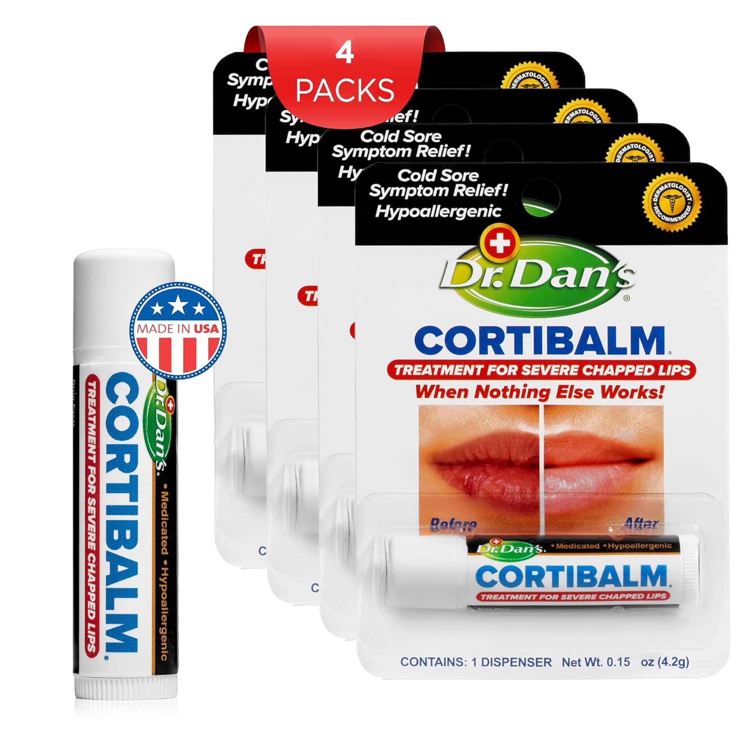 Dr. Dan's Cortibalm- 4 Pack - for Dry Cracked Lips - Healing Lip Balm for Severely Chapped Lips - Designed for Men, Women and Children : Beauty & Personal Care