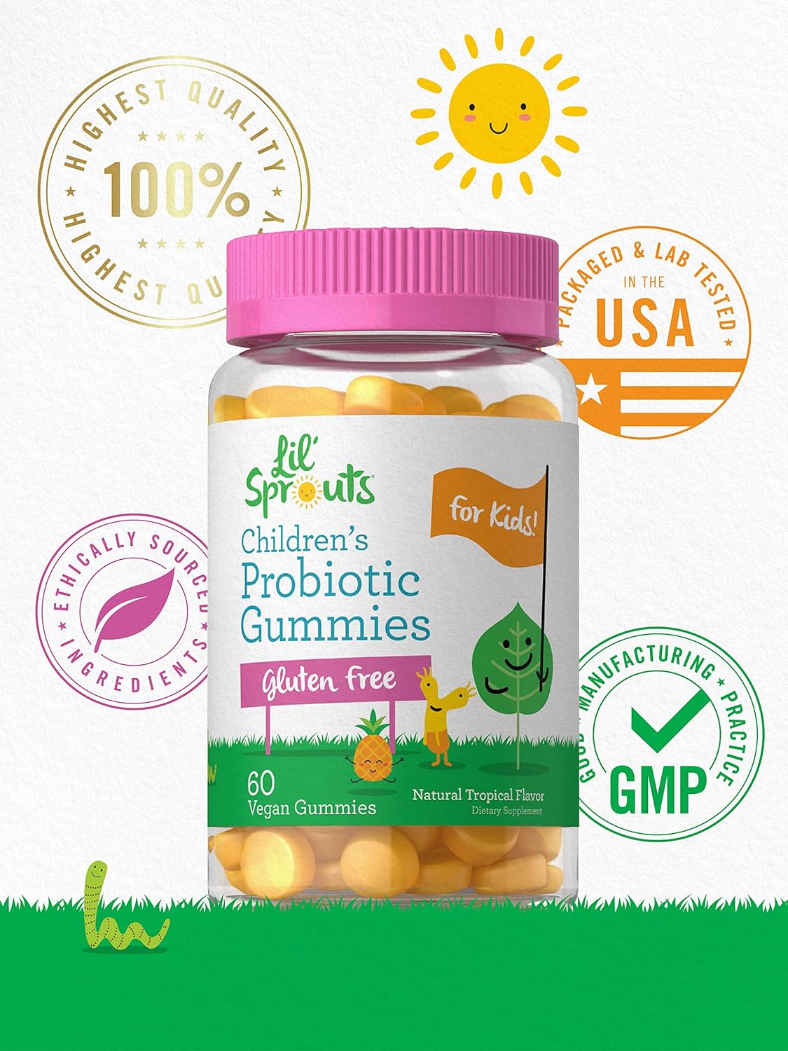 Carlyle Children's Probiotic | 60 Gummies | Tropical Flavor | Vegan, Non-GMO & Gluten Free Supplement | by Lil' Sprouts : Health & Household